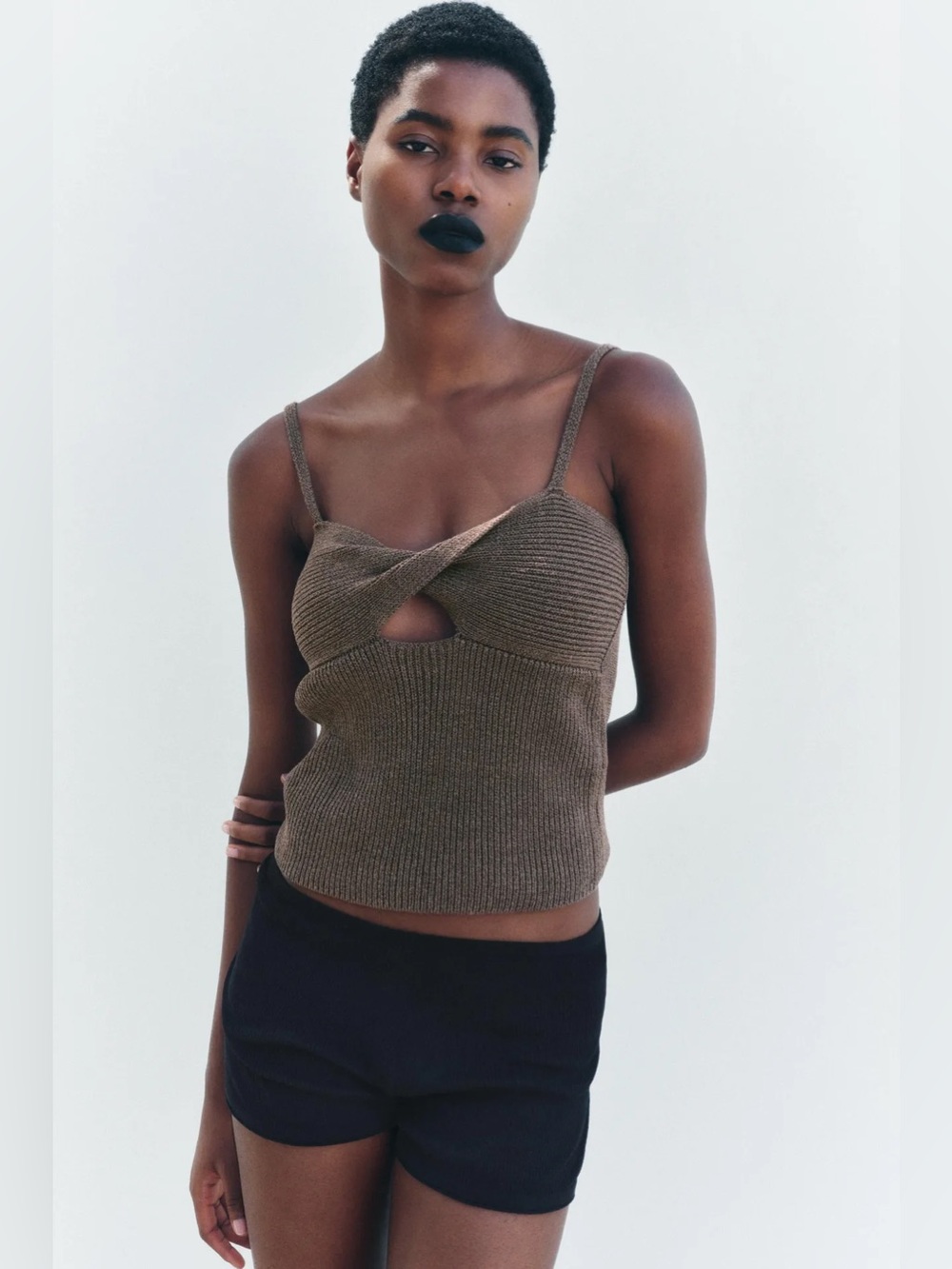 Zara Plain Linen Blend Knit Top With Knot Detail
